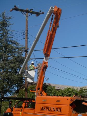 A man in a crane trimming a tree by some power lines